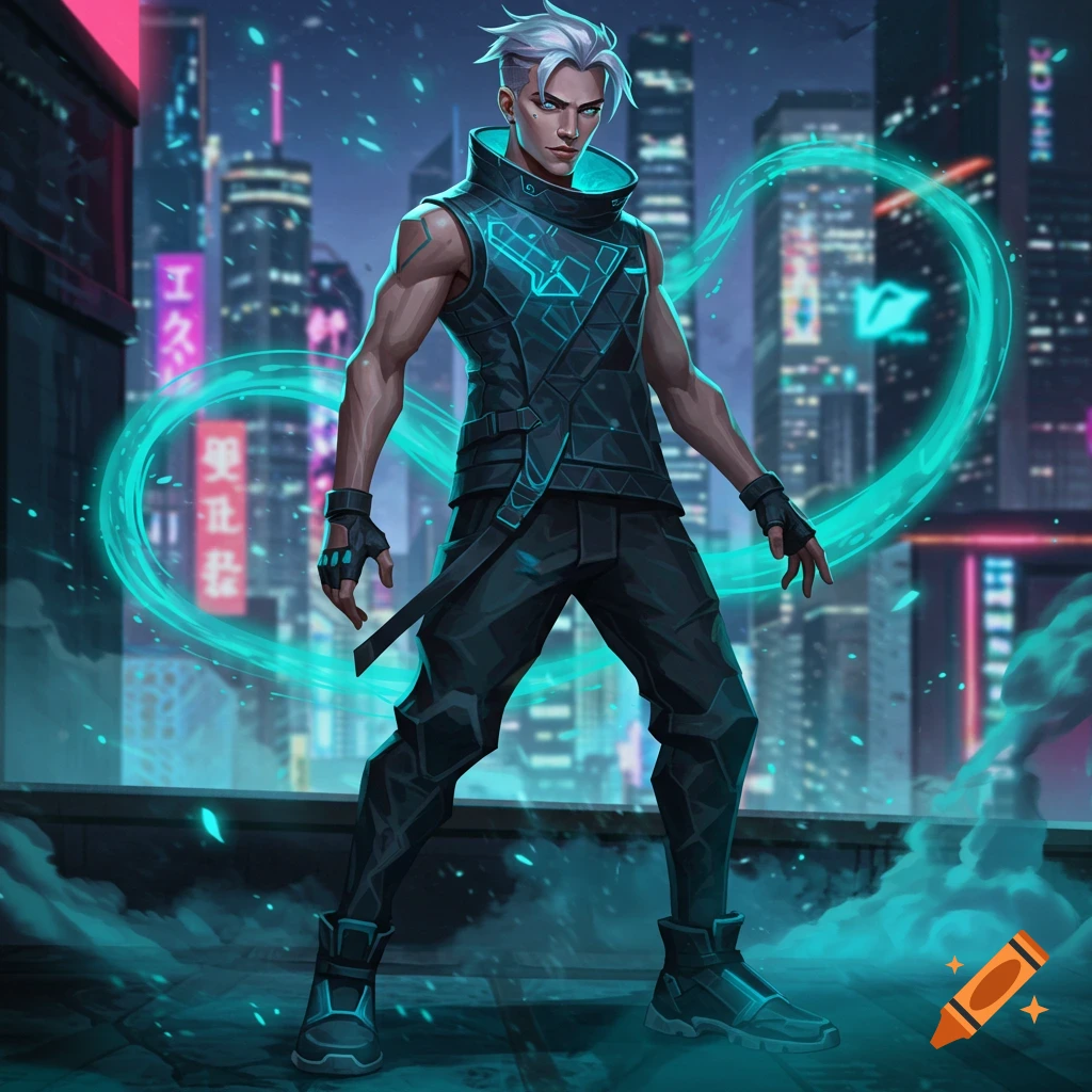 A male character with white hair and futuristic black attire stands on a rooftop in a neon-lit cyberpunk city, with glowing turquoise energy.