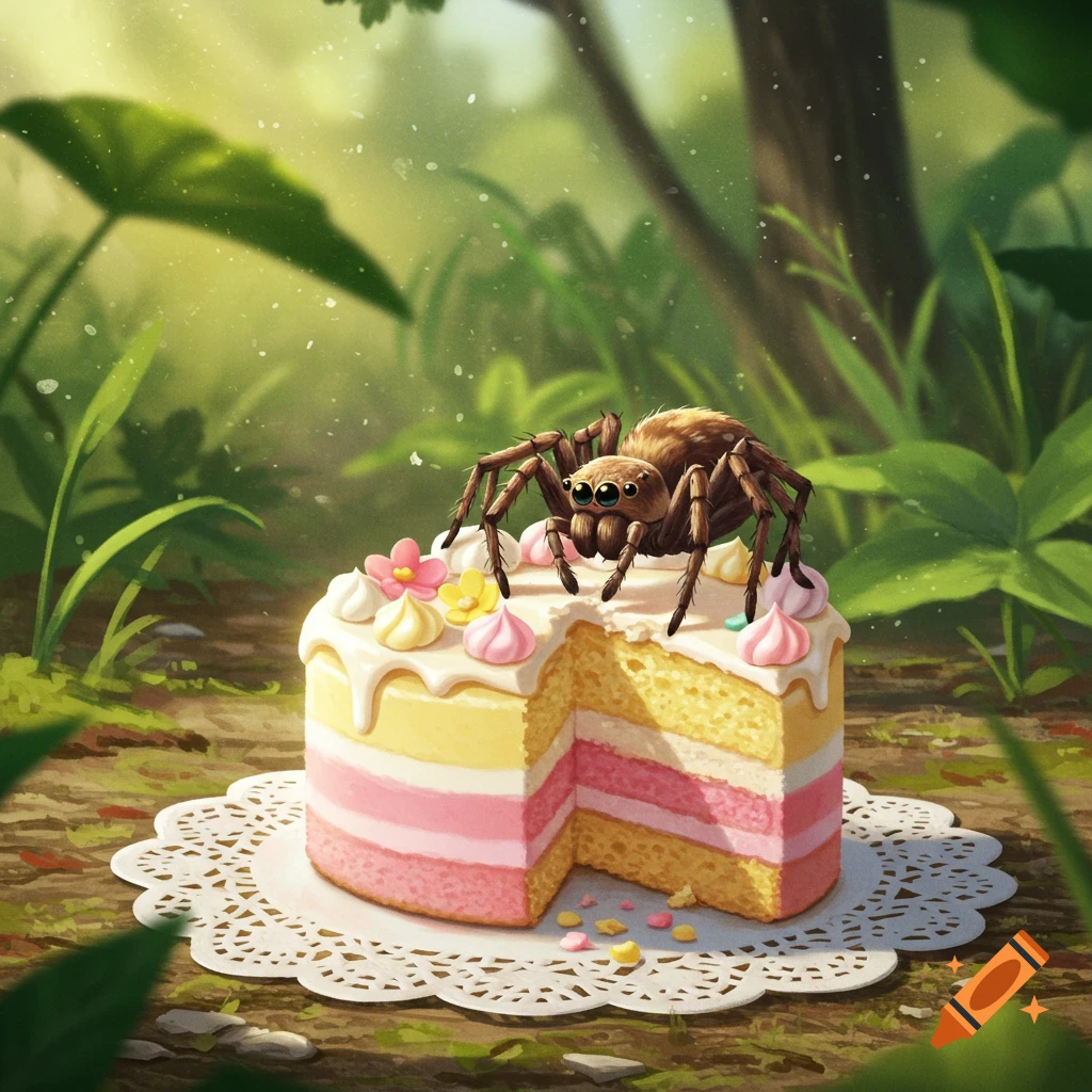 A cute brown jumping spider sits on a slice of pastel yellow and pink cake with white frosting and colorful decorations in a lush green forest.