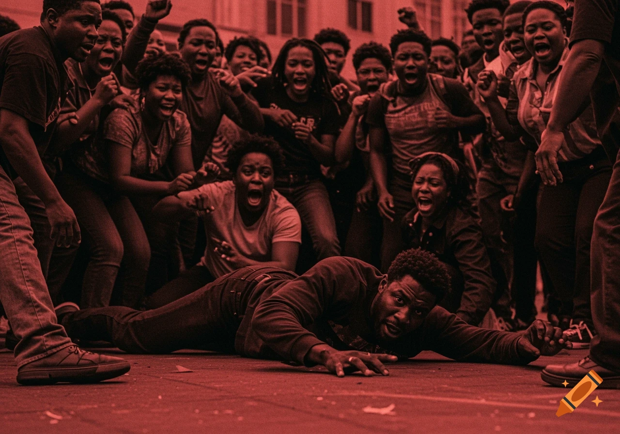 A photorealistic image with a red hue shows a man on the ground, surrounded by a screaming, distressed crowd.