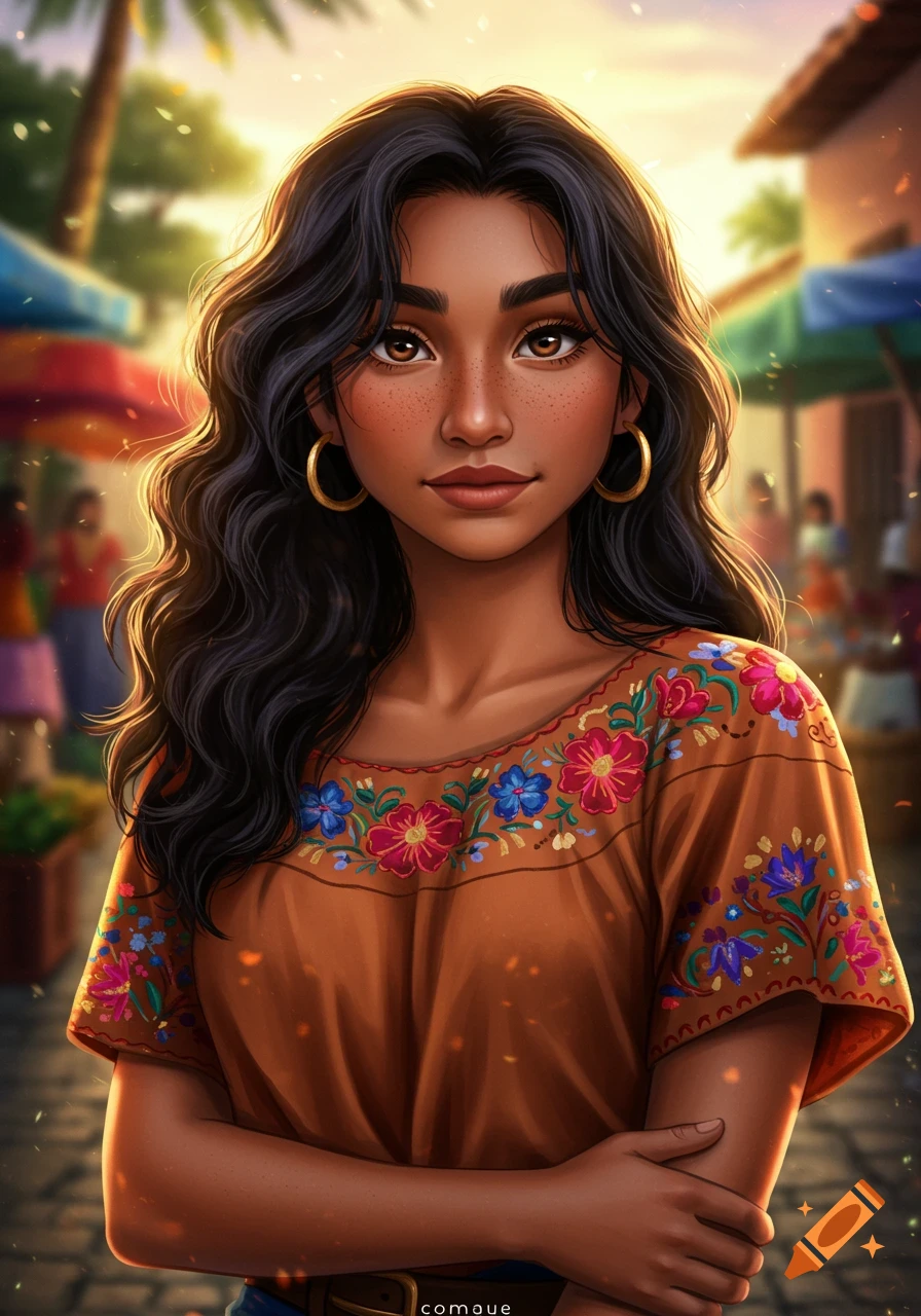 A vibrant digital art portrait of a young woman with dark wavy hair and freckles, wearing a brown embroidered shirt in a sunny outdoor market.