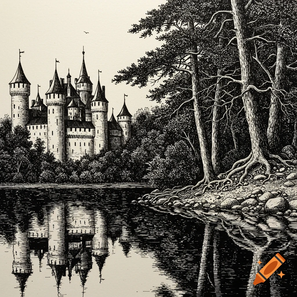 Black and white ink sketch of a large castle with towers and flags reflected in a lake, bordered by a dense forest.