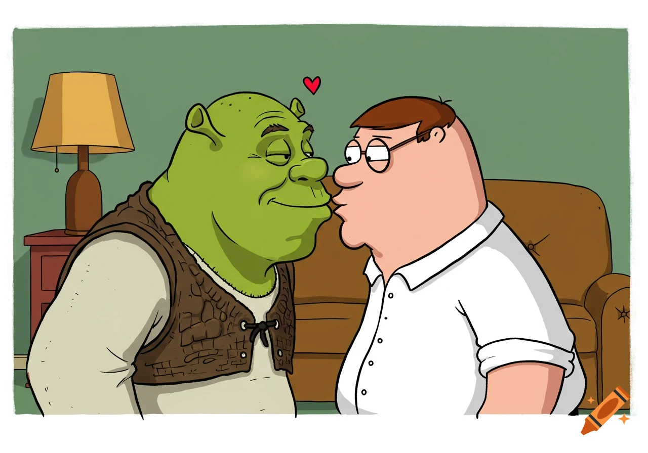 Cartoon of Shrek kissing Peter Griffin, with a small heart above them.