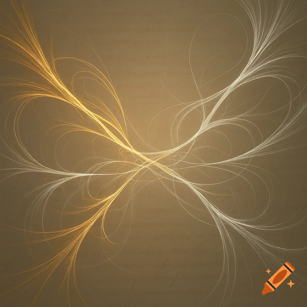 An abstract background featuring a brown texture with subtle, faint cursive script, overlaid with flowing, glowing golden and white fractal lines that intertwine.