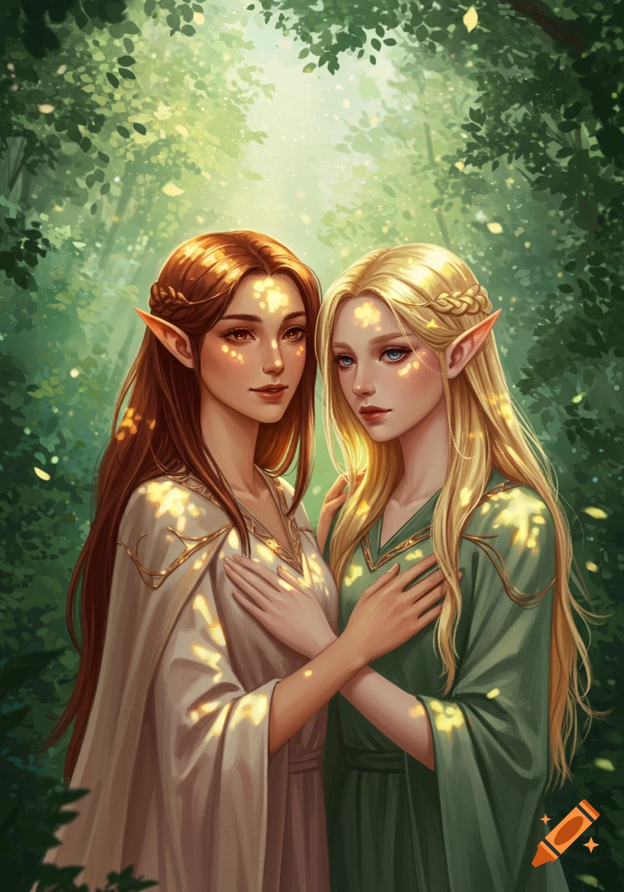 Two beautiful elf women, one with long brown hair and the other with long blonde hair, stand in a sun-dappled forest.