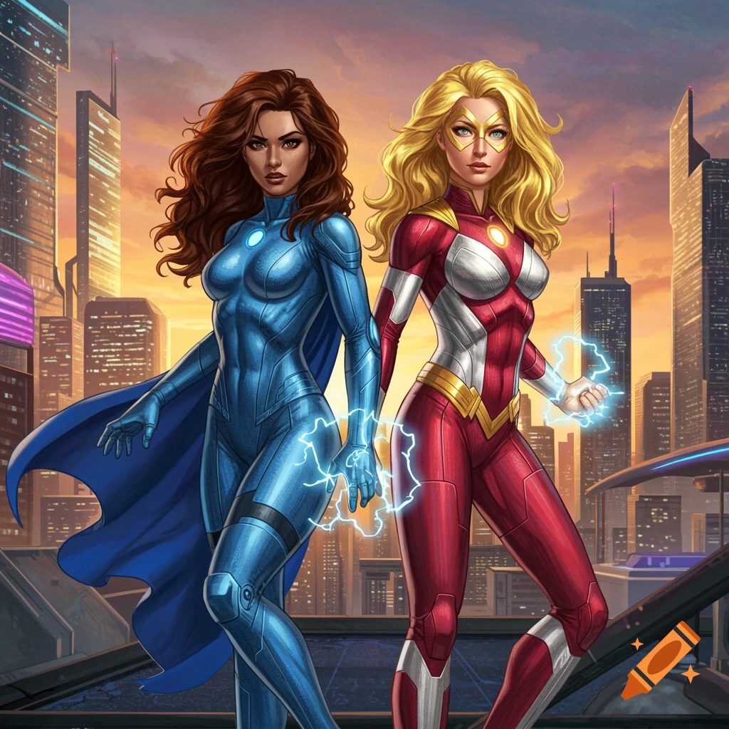 Two female superheroes, one brunette in blue and one blonde in red, stand in a futuristic cityscape, conjuring electricity.