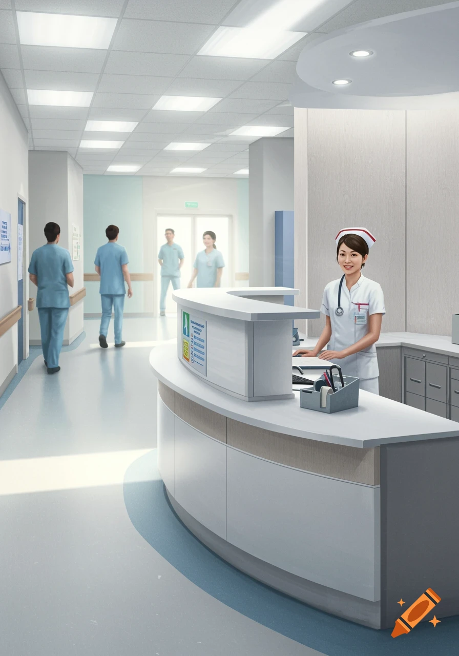 A photorealistic image of a nurse smiling at a reception desk in a brightly lit hospital hallway with medical staff walking in the background.