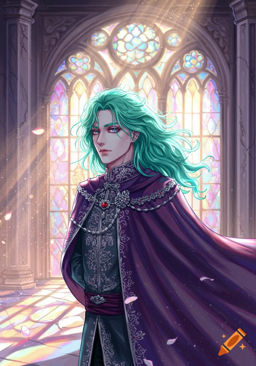 A prince with mint green hair and purple eyes, wearing a purple cape and elaborate black attire, stands in a grand hall with stained glass windows.