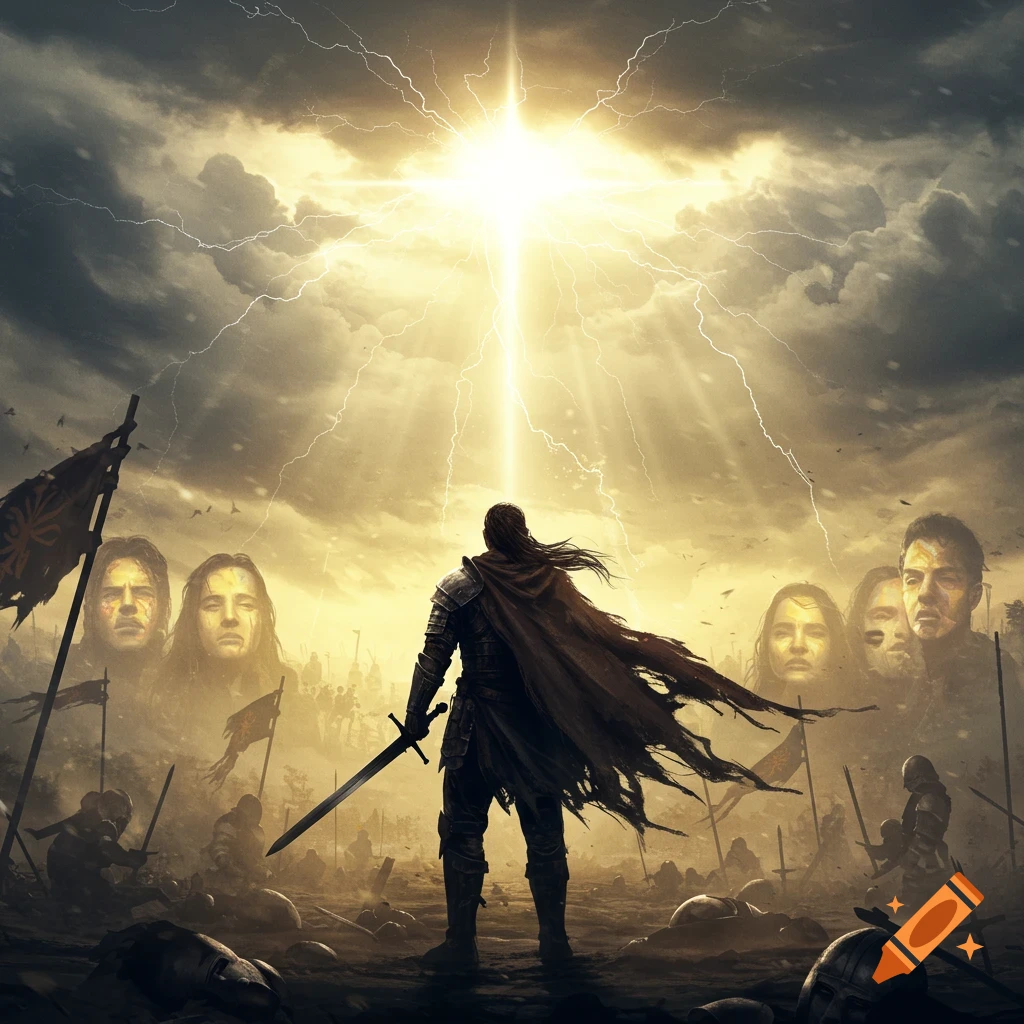 A fantasy digital painting of a knight on a battlefield looking at a bright, stormy sky with lightning and ghostly faces.