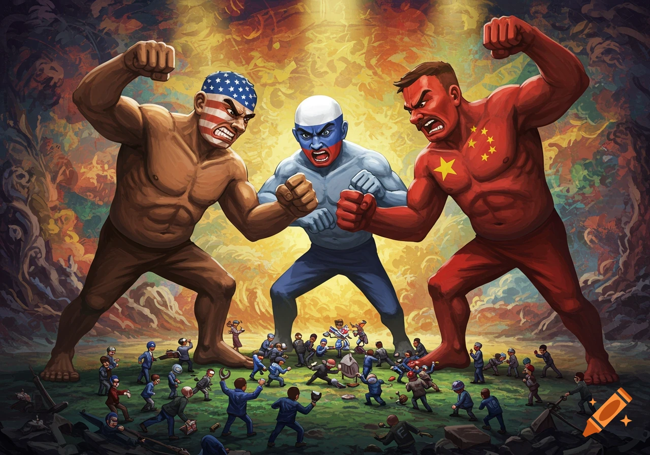 Cartoon illustration of three muscular giants representing USA, Russia, and China, fists raised, about to fight. Small figures representing people and organizations clash below their feet.