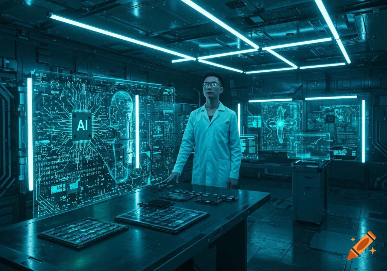 A person in a lab coat stands in a dark, futuristic lab with glowing blue holographic screens displaying circuit boards and "AI" text. Photorealistic.