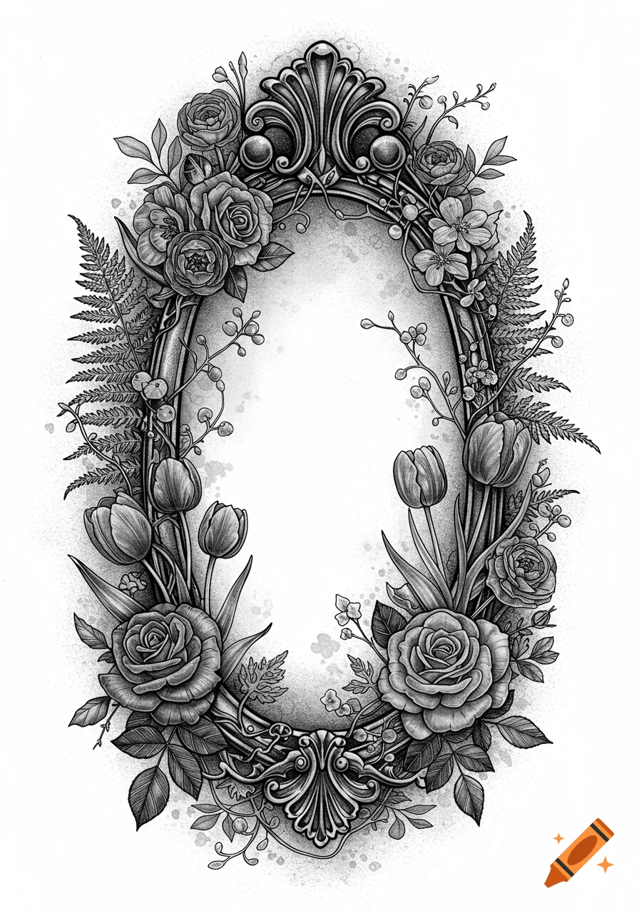 Black and white oval ornate frame adorned with roses, tulips, and ferns in a gothic illustration style.
