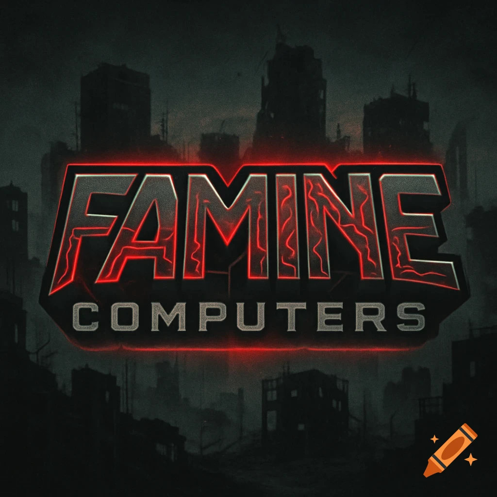 A dark dystopian 1980s style logo for 'Famine Computers' with red glowing text against a background of city ruins.