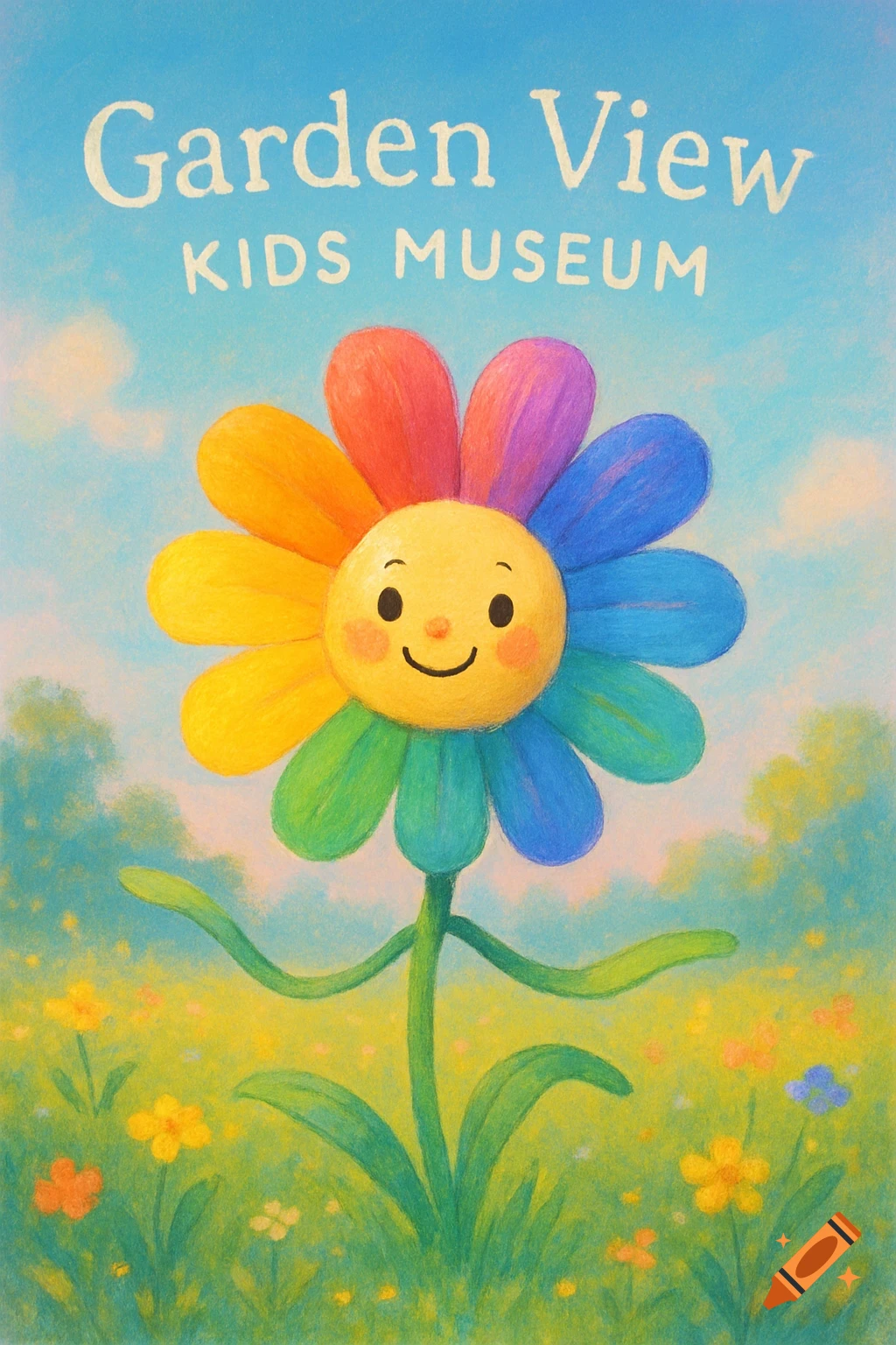 A colorful, cheerful cartoon flower with a smiling face and rainbow petals in a grassy field under a blue sky. Text reads 'Garden View KIDS MUSEUM'.
