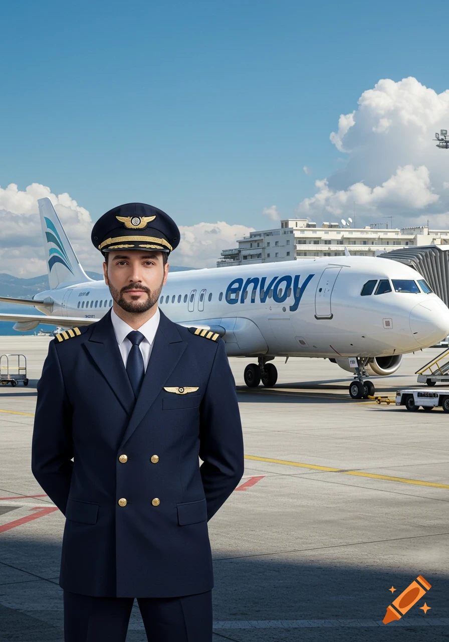 A photorealistic image of a male pilot in uniform standing in front of an 'envoy' airplane at an airport under a blue sky.