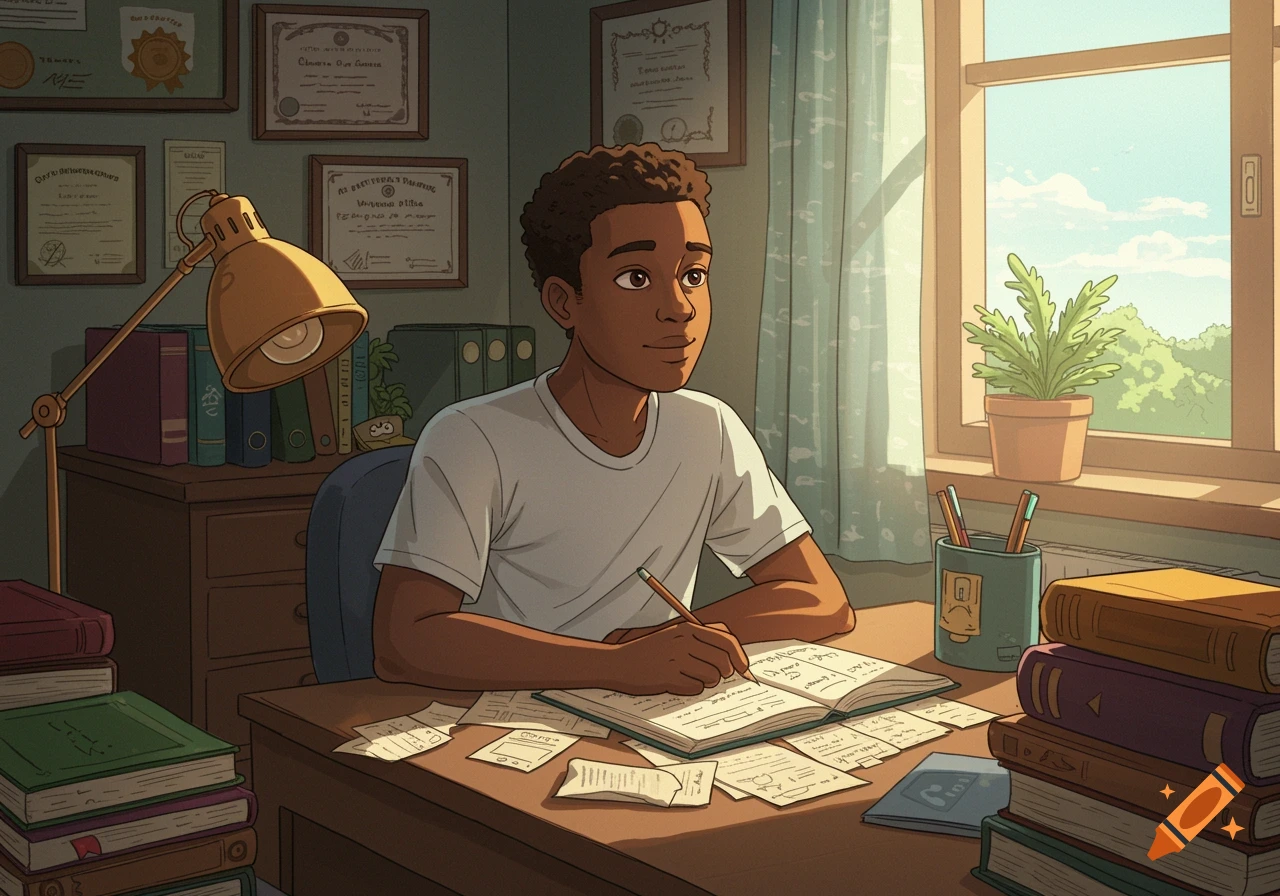 A 2D cartoon of a young Black man sitting at a desk with books and an open notebook, studying near a sunlit window. Certificates hang on the wall.