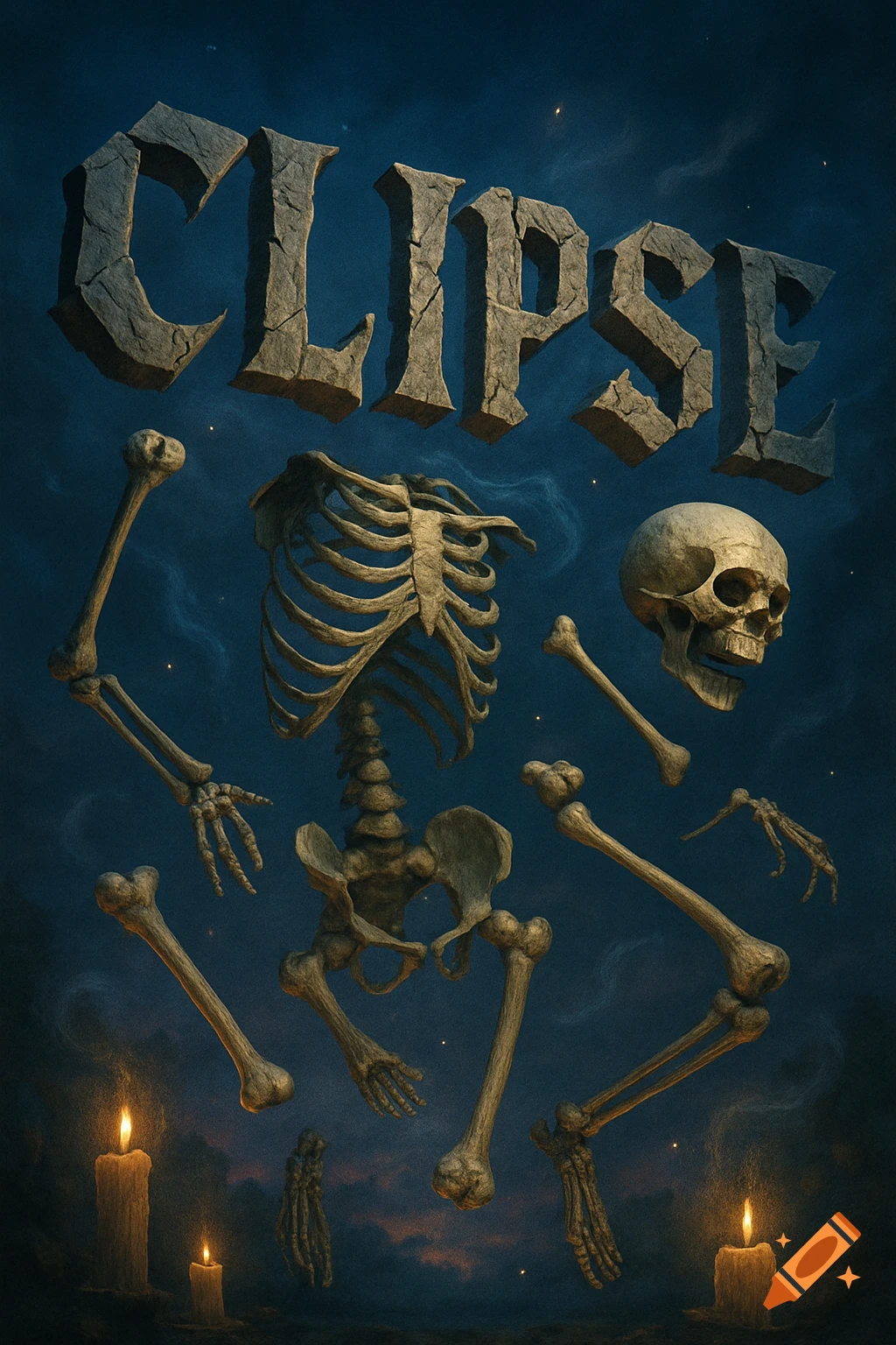 The word 'CLIPSE' in stone letters, a broken skeleton dancing in pieces, and three lit candles in a dark, mystical setting.