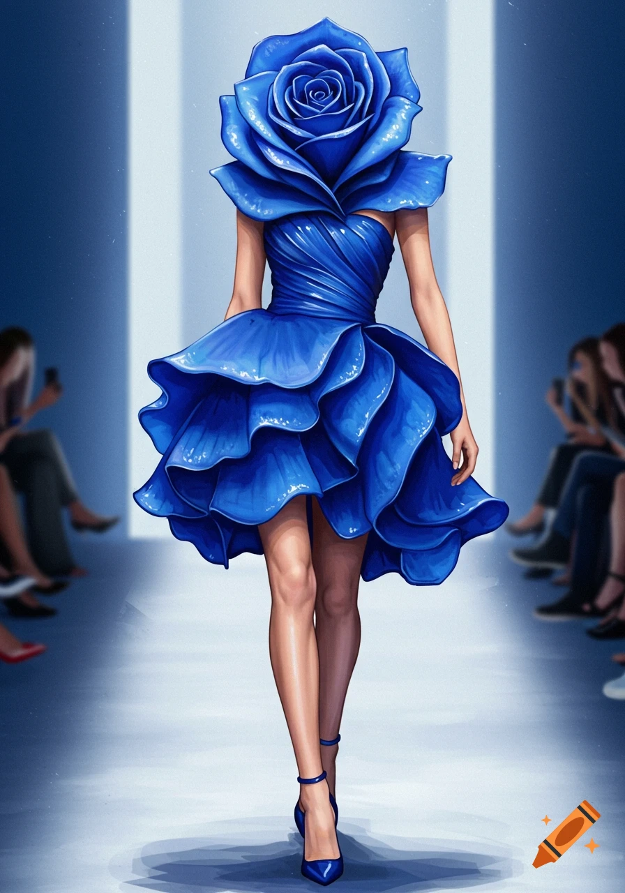 A model on a runway wears a vibrant blue haute couture dress with a large blue rose forming her head, in an artistic illustration.