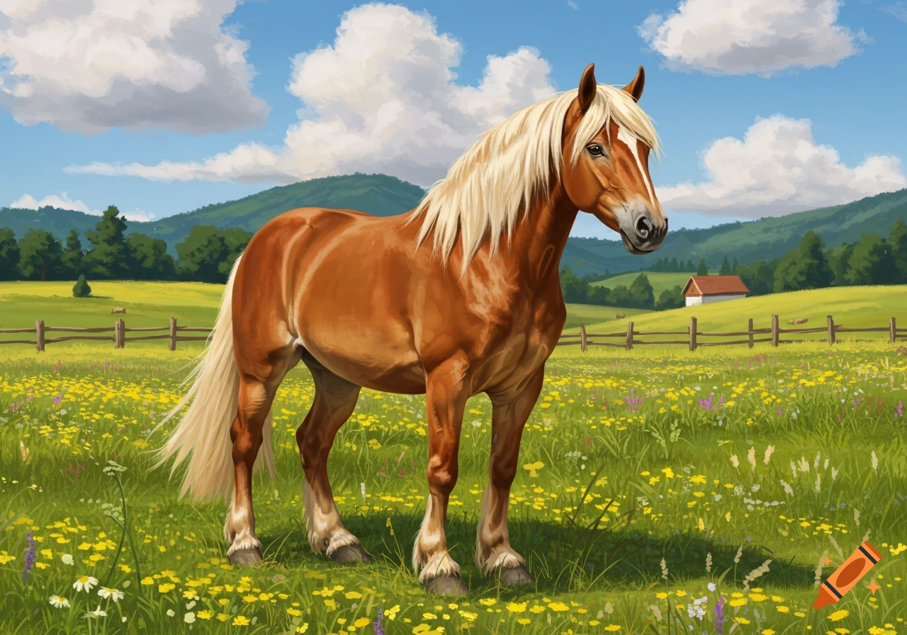 A brown Haflinger horse with a blonde mane stands in a green field with yellow flowers under a blue sky. Mountains and a barn are in the distance. Digital painting.