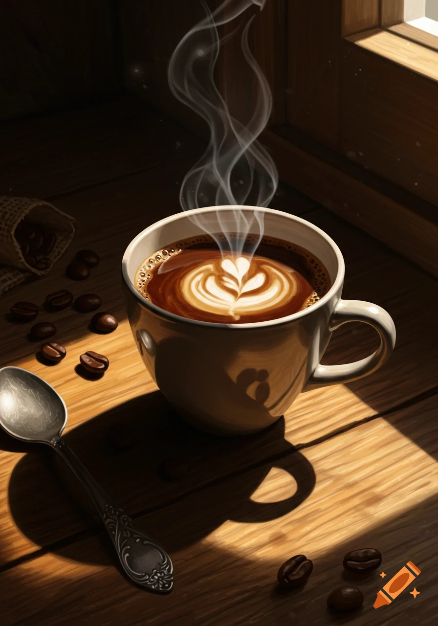 A stylized illustration of a steaming cup of latte art coffee on a wooden table, with scattered coffee beans and a spoon, bathed in sunlight.