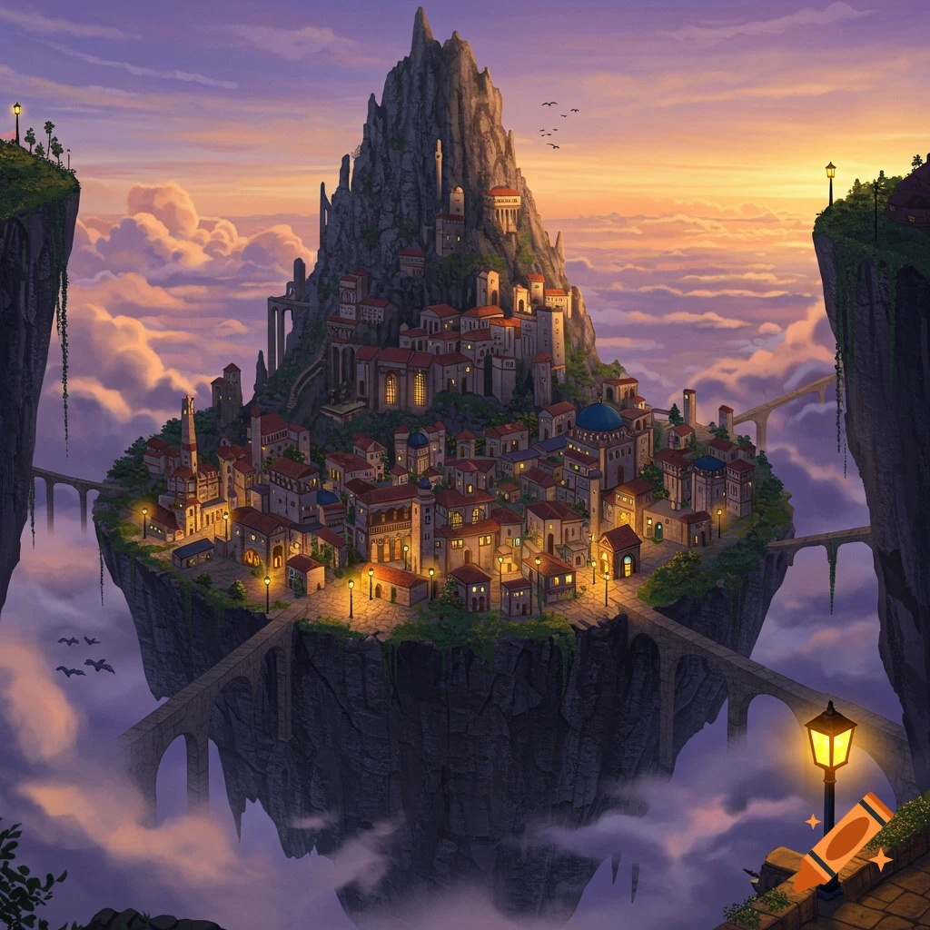 A detailed fantasy city built on a floating island above clouds, illuminated by warm lights at sunset.