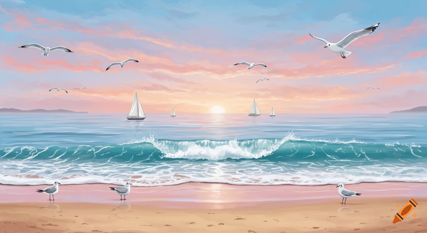 Illustrated beach scene at sunset with seagulls flying and standing, and sailboats on the ocean with waves.