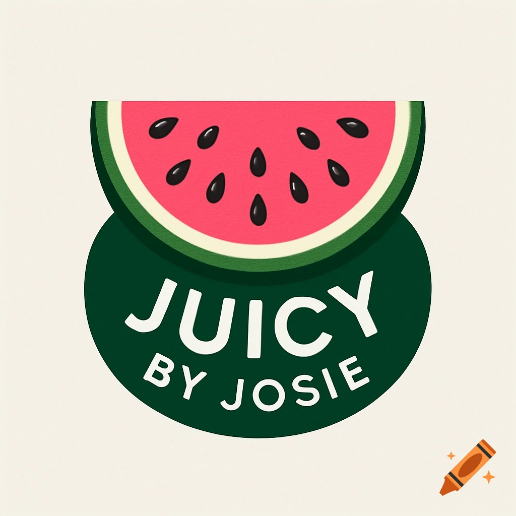 A vibrant watermelon logo for 'Juicy by Josie', featuring a pink watermelon slice on a dark green circle with white text.