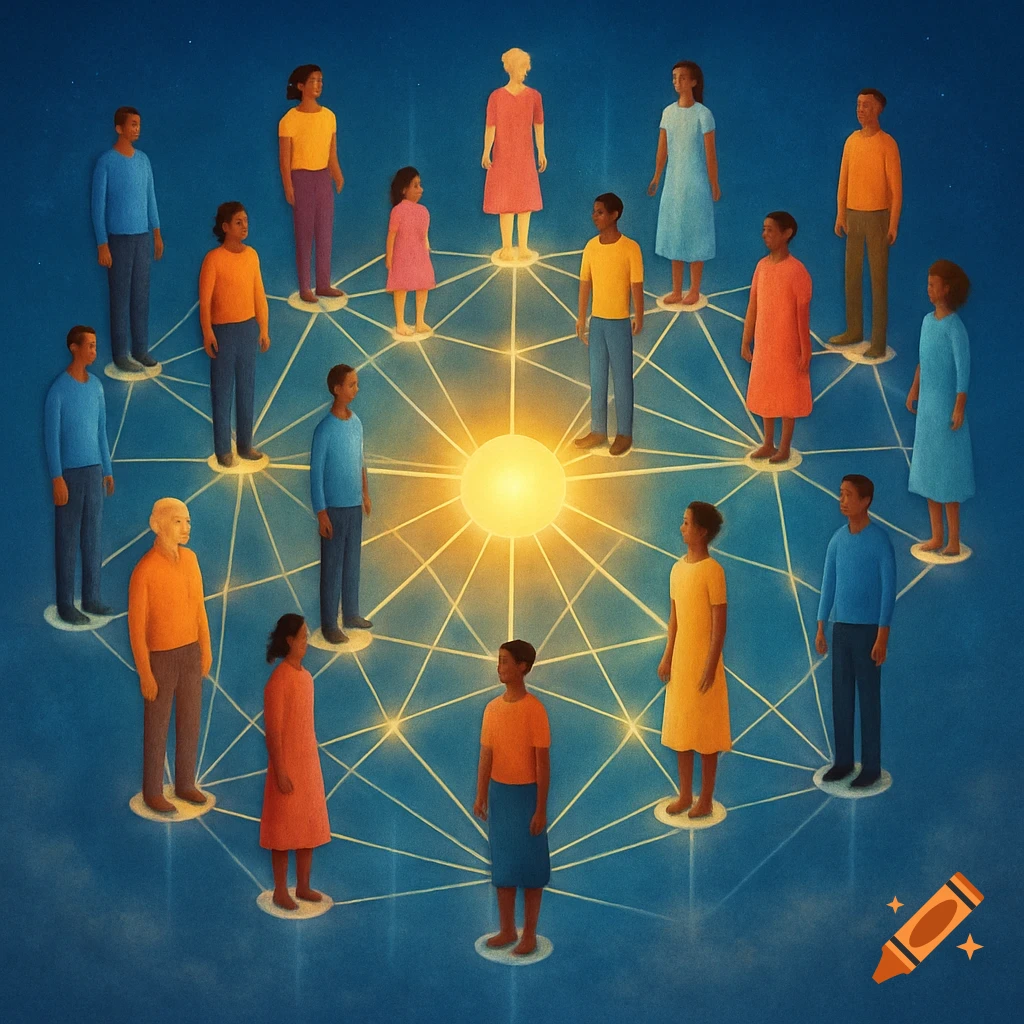 Diverse people stand on illuminated platforms, connected by glowing lines to a central light, symbolizing a network of equality.