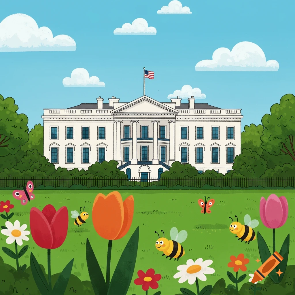 A colorful 2D children's cartoon of the White House with the US flag, surrounded by green lawns, trees, flowers, butterflies, and bees under a blue sky with clouds.