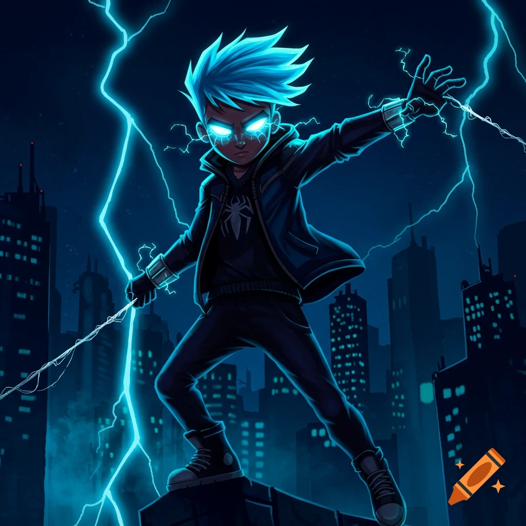 A stylized superhero boy with glowing blue eyes and electric blue hair stands in a dark city with lightning around him.