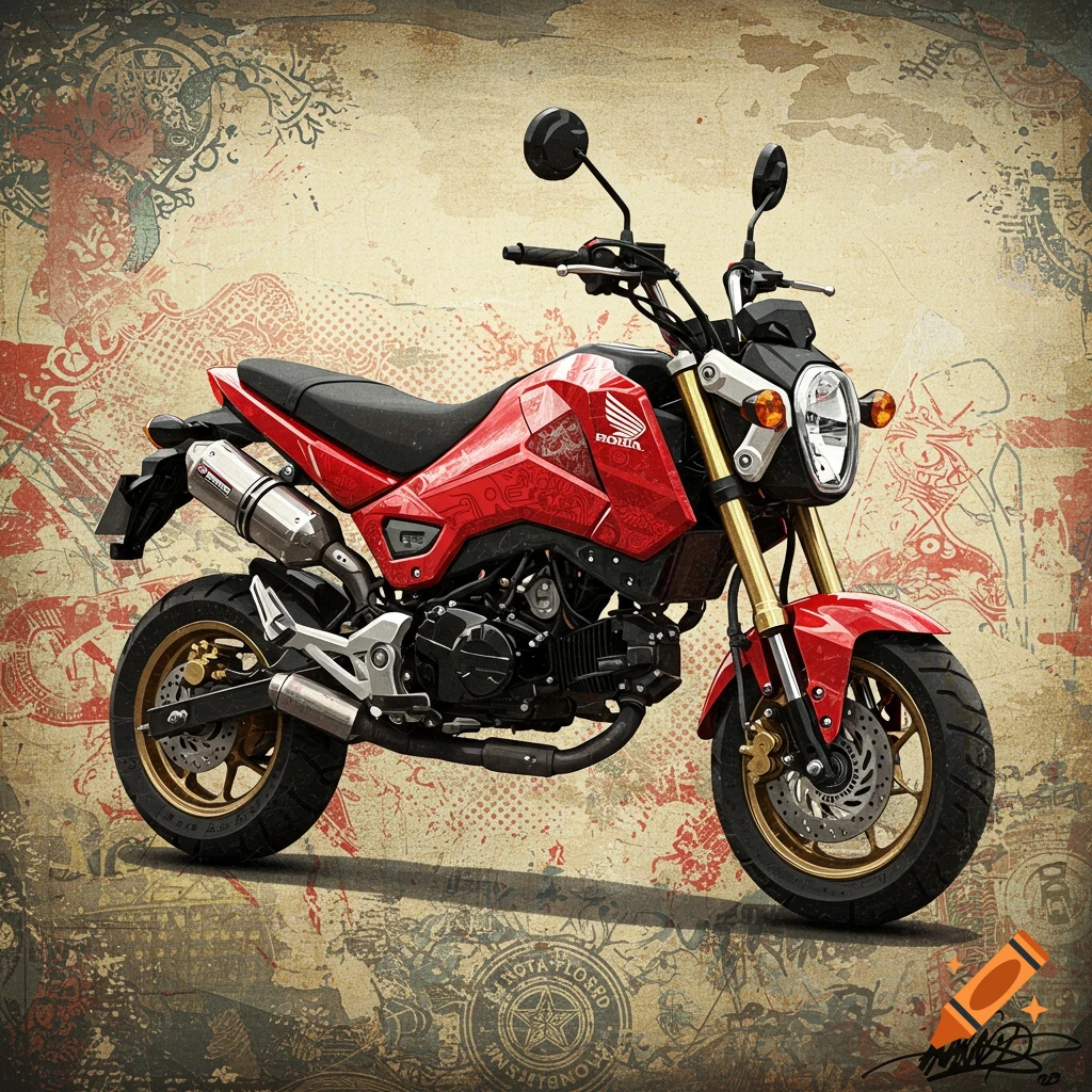 A red Honda Grom motorcycle depicted in the artistic style of Shepard Fairey, with a grunge-like, textured background featuring patterns and distressed elements.