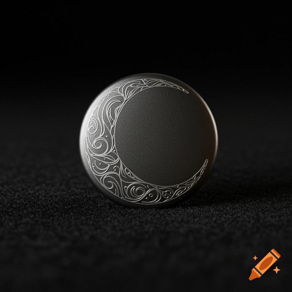A dark gray, circular button with an intricate crescent moon design engraved on its surface, resting on a black textured background.
