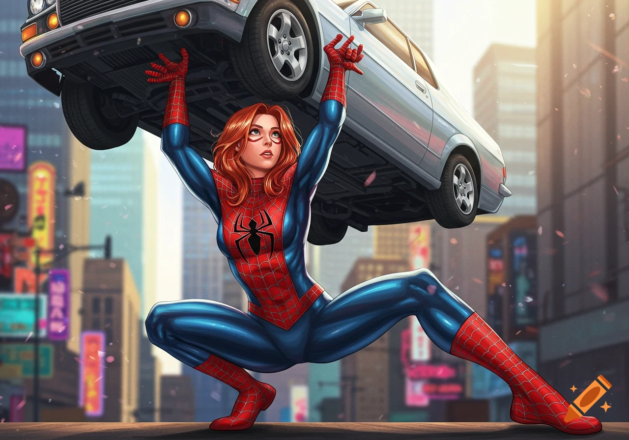 Spider-Girl in a blue and red suit lifts a white car over her head on a city street, in a comic book illustration style.