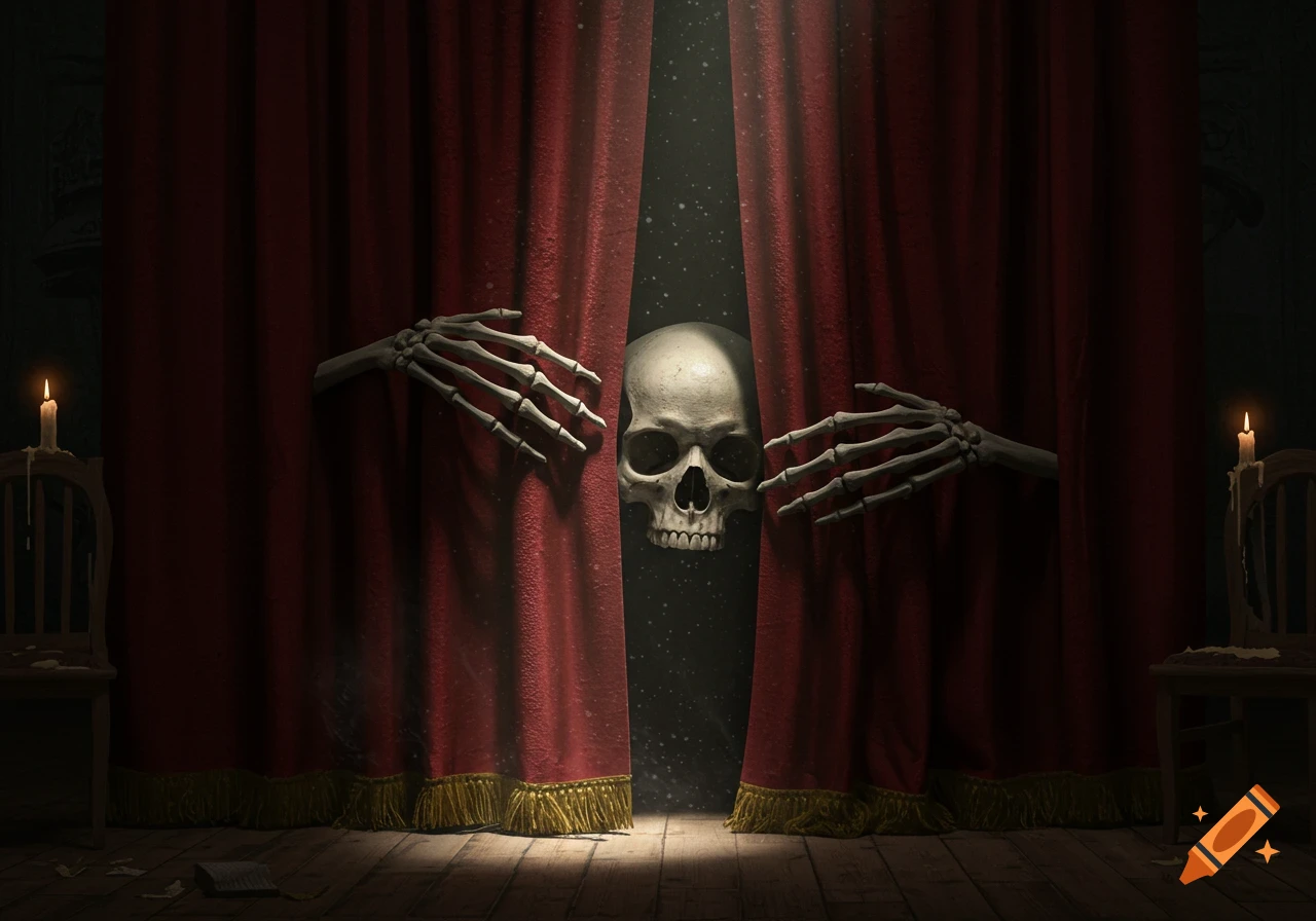 A skull peeks from behind parted red velvet curtains, with skeleton hands pulling them aside on a dimly lit stage with candles.
