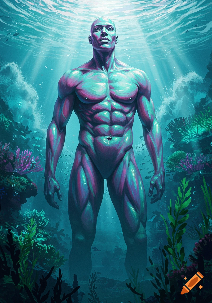 A muscular man with iridescent purple and teal skin stands underwater surrounded by vibrant coral and plants, with light rays piercing the surface.