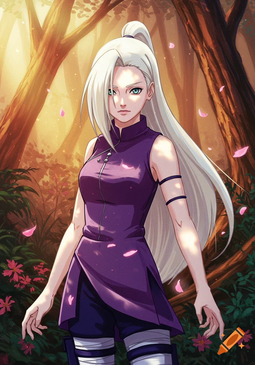 Ino Yamanaka from Naruto, with long white hair and a purple outfit, stands in a sunlit forest with falling pink petals.