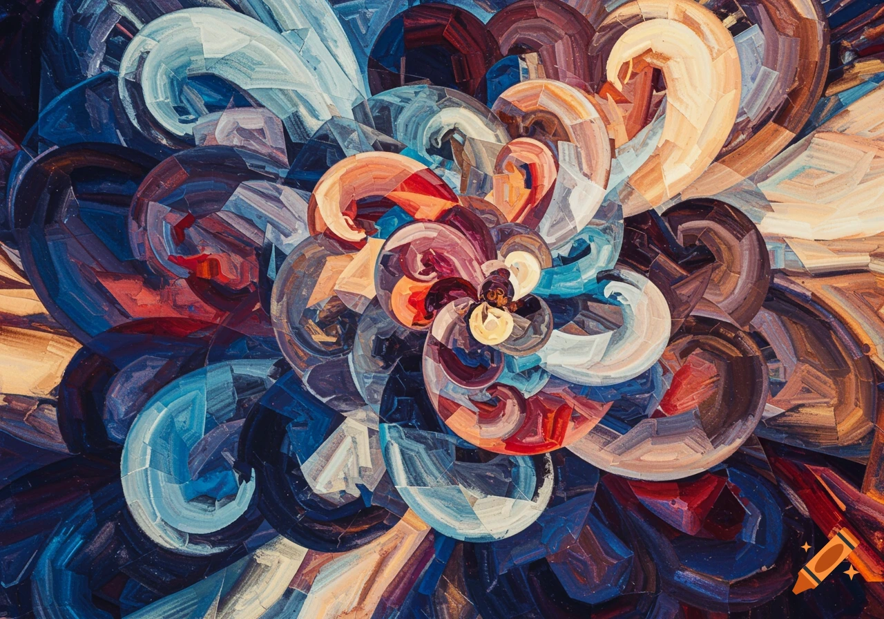 A vibrant abstract painting with swirling, geometric patterns in shades of blue, red, orange, and purple, resembling brushstrokes.