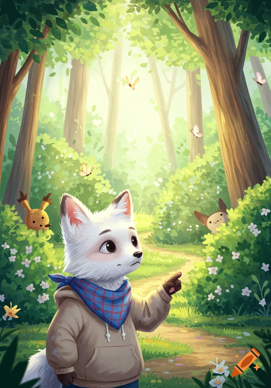 A white fox wearing a plaid bandana and a hoodie points in a bright, lush forest with butterflies and small creatures.