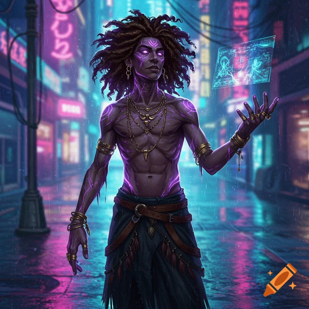 A detailed illustration of a dark-skinned man with glowing purple veins, dreadlocks, and golden jewelry, holding a holographic screen in a rainy cyberpunk city.
