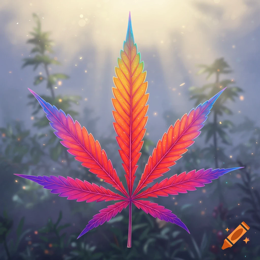 A vibrant, rainbow-colored cannabis leaf glows in a soft, misty forest background with light rays.