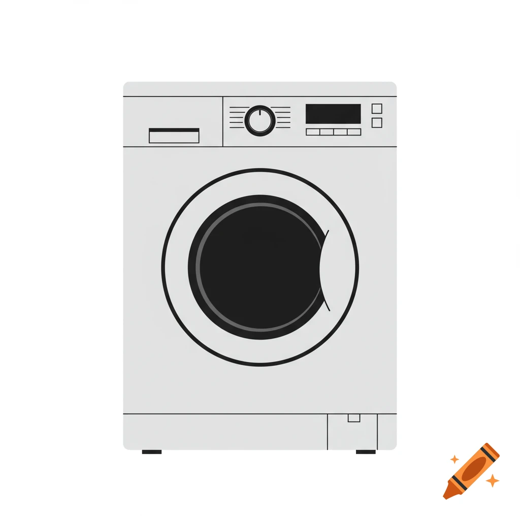 Minimalistic flat design illustration of a modern white washing machine on a white background.