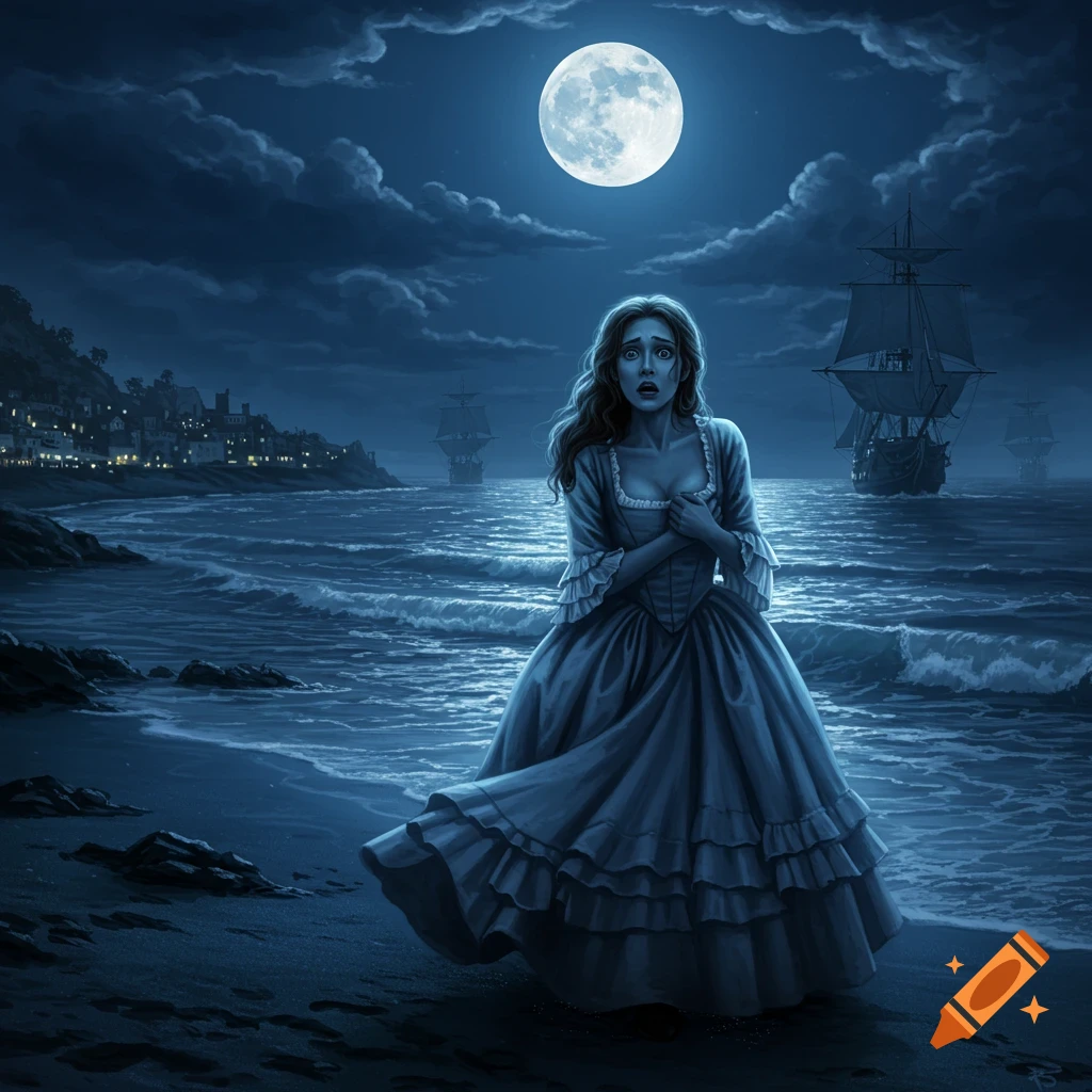 Terrified woman in 1700s dress on a moonlit beach, looking at a fleet of pirate ships.