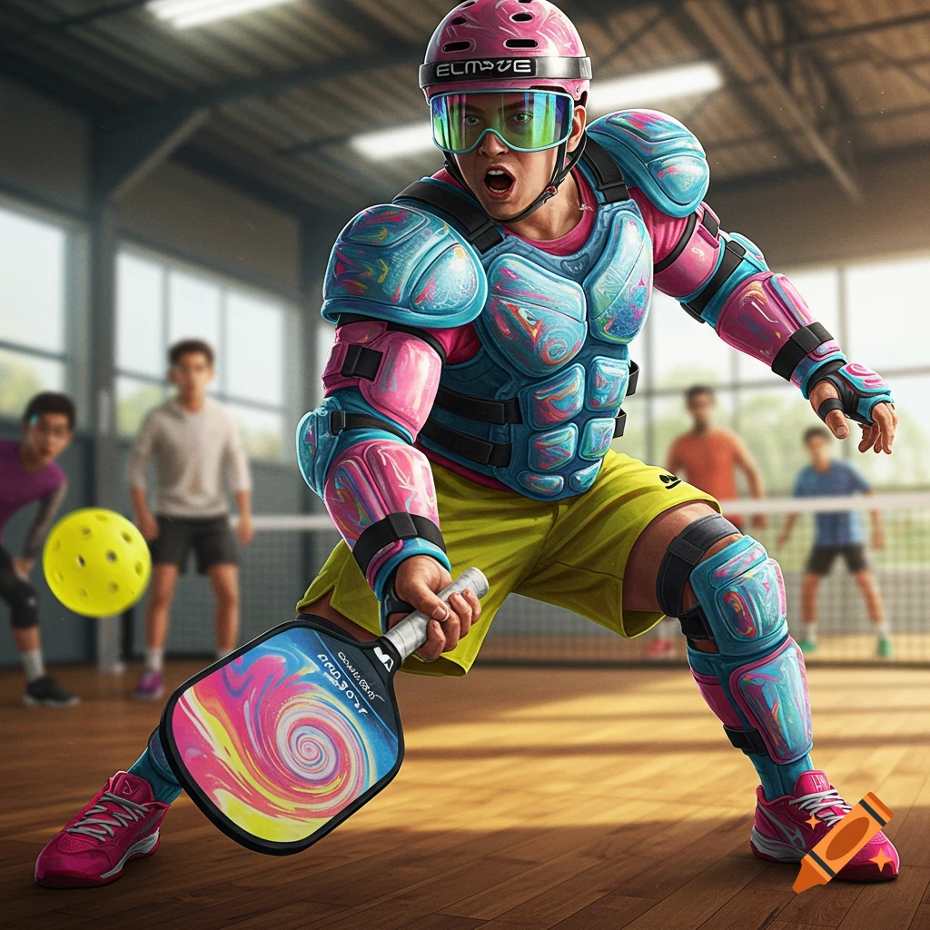 A man in colorful, excessive protective gear plays pickleball indoors, holding a paddle with a swirling design.