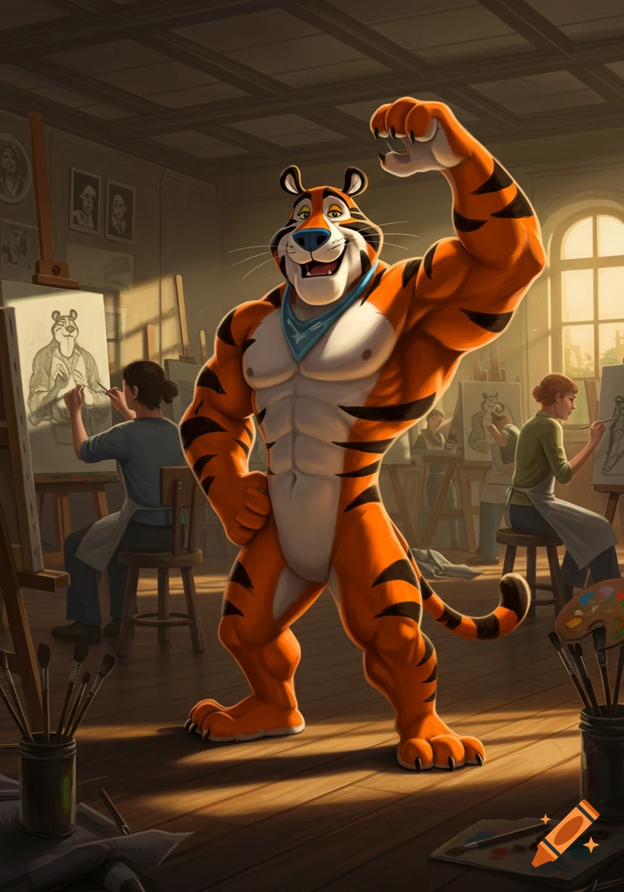 Tony the Tiger, a muscular cartoon tiger, flexes his biceps in an art studio where students are sketching him.
