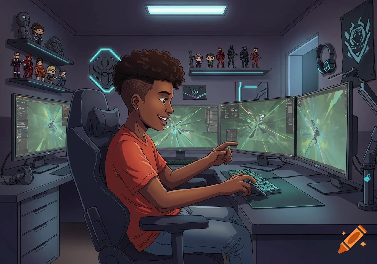 A cartoon-style image of a young person with curly hair and a fade haircut, smiling while playing a computer game on a multi-monitor setup in a gamer lab studio.