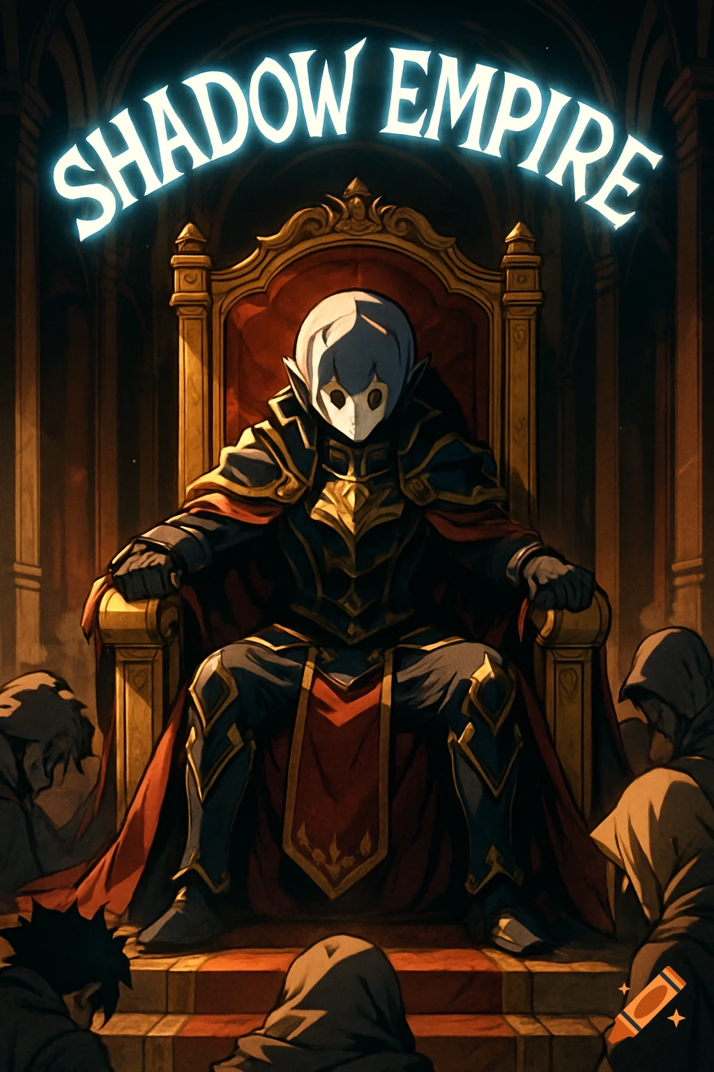 Anime-style dark lord on a golden throne, with cloaked figures bowing before him, under the glowing text 'SHADOW EMPIRE'.