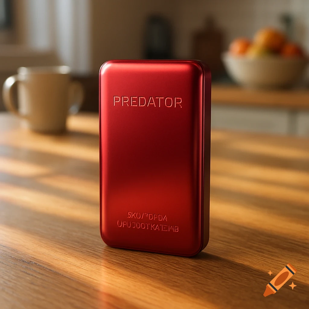 A red Predator power bank sits on a wooden kitchen table, with a mug and fruit bowl blurred in the background.