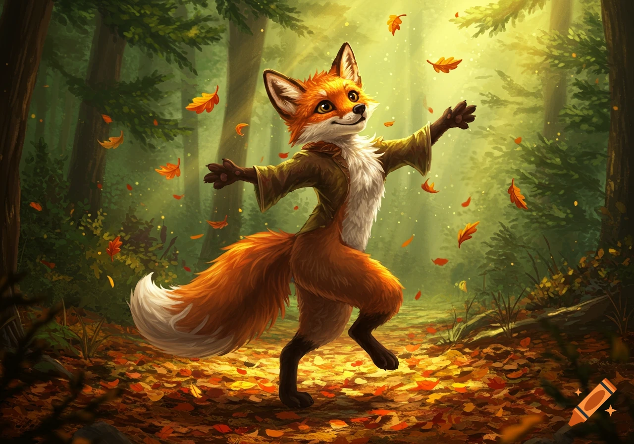 A cheerful anthropomorphic fox in a green jacket dances joyfully amidst falling autumn leaves in a sunlit forest.