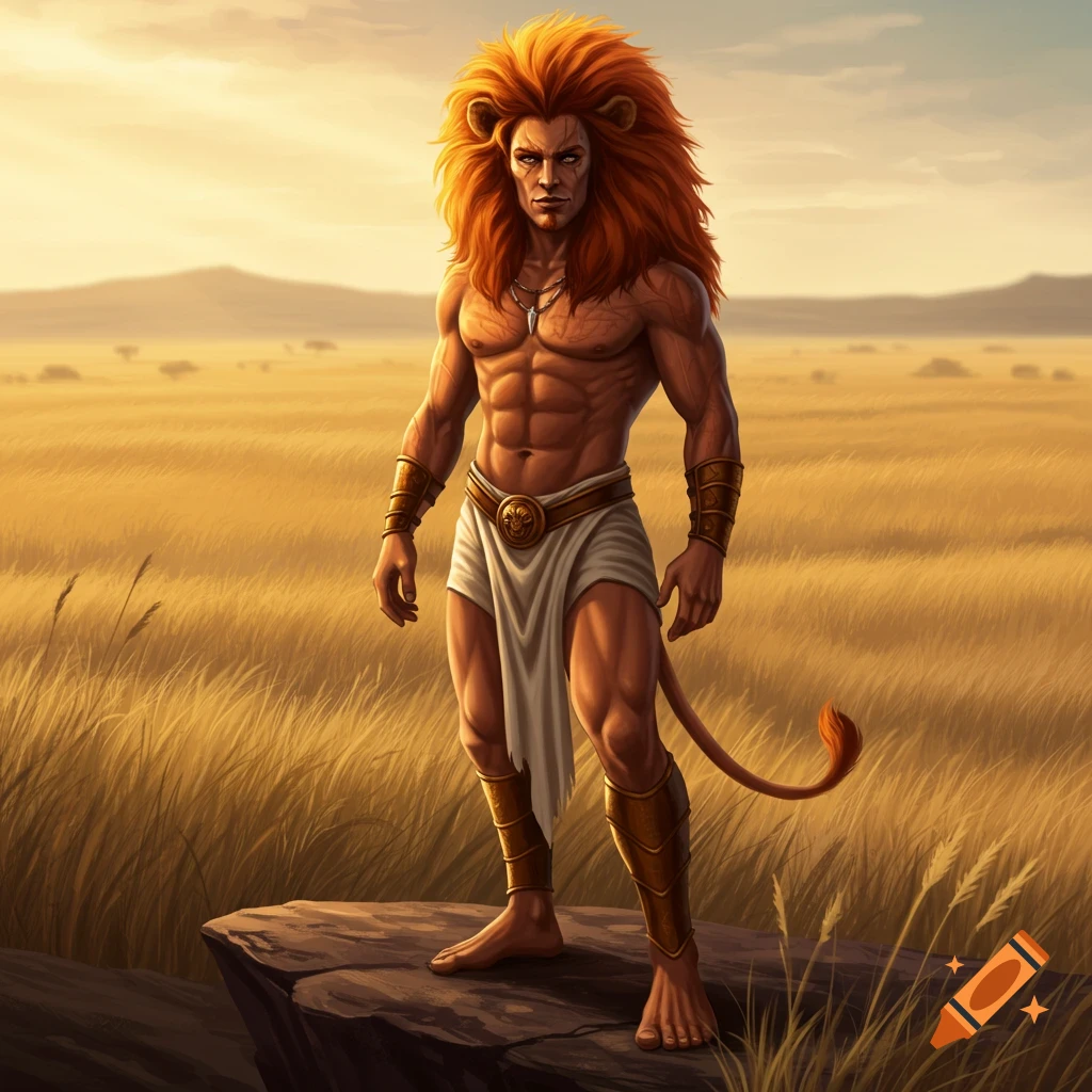 A muscular male character with a vibrant red lion's mane and tail, wearing a white loincloth, stands on a rock in a golden savanna at sunset.