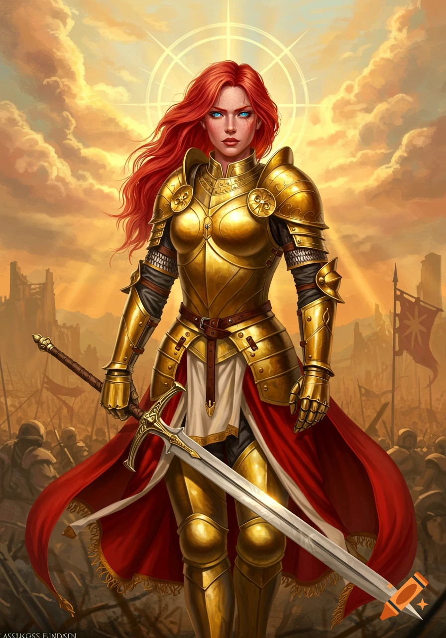 A red-haired female paladin in golden armor holds a large sword on a battlefield under a dramatic sky.