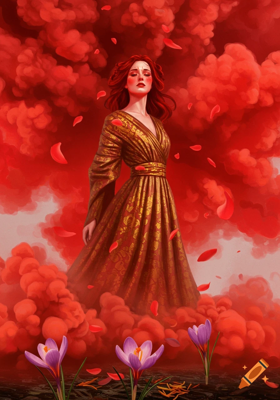 Woman with red hair and golden dress surrounded by red smoke and falling petals, with purple crocus flowers at the bottom.